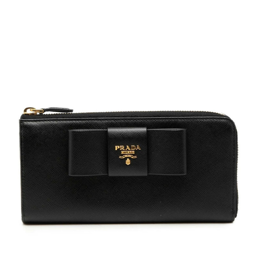 Prada Ribbon L shaped Zipper Long Wallet Nero Black Saffiano Leather